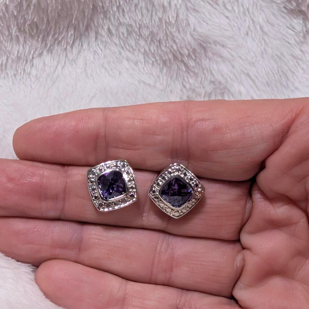 Silver tone Purple Crystal Square Stud Earrings